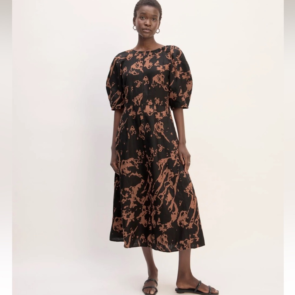 Everlane Linen Short Sleeve Scoop Black and Brown Printed Midi Dress Size 4